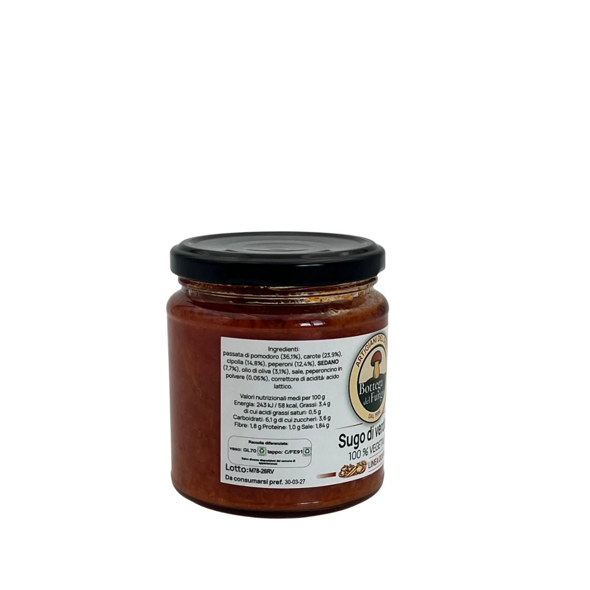Sugo di Verdure 100% Vegetale vaso 270 g vista lato ingredienti